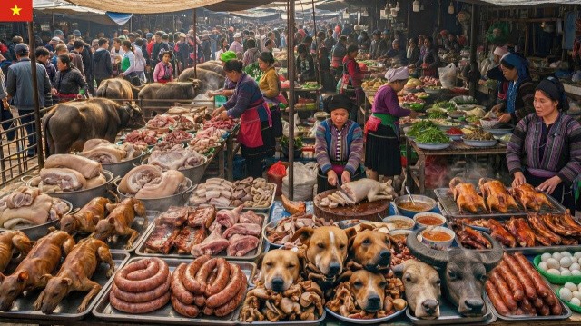 Приграничный вьетнамский продовольственный рынок | Продажа собачьего мяса, свежая свинина.
